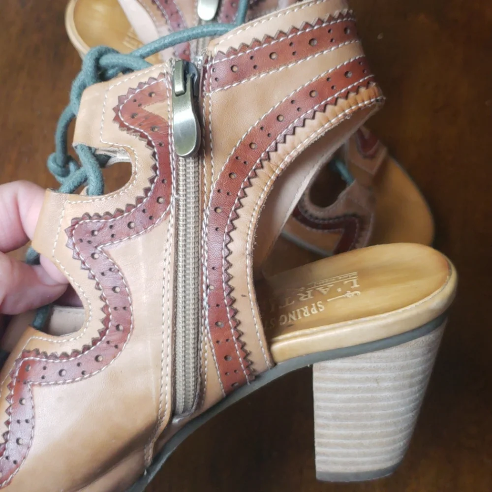 Spring Step Two-Tone Tan Brown Leather Lace-Up Peep-Toe Heels